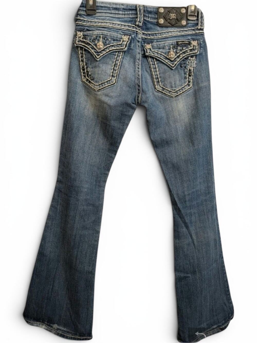 Miss Me Jeans Womens 26 Flare Rhinestone Studded Flap Pocket Bling Medium Wash